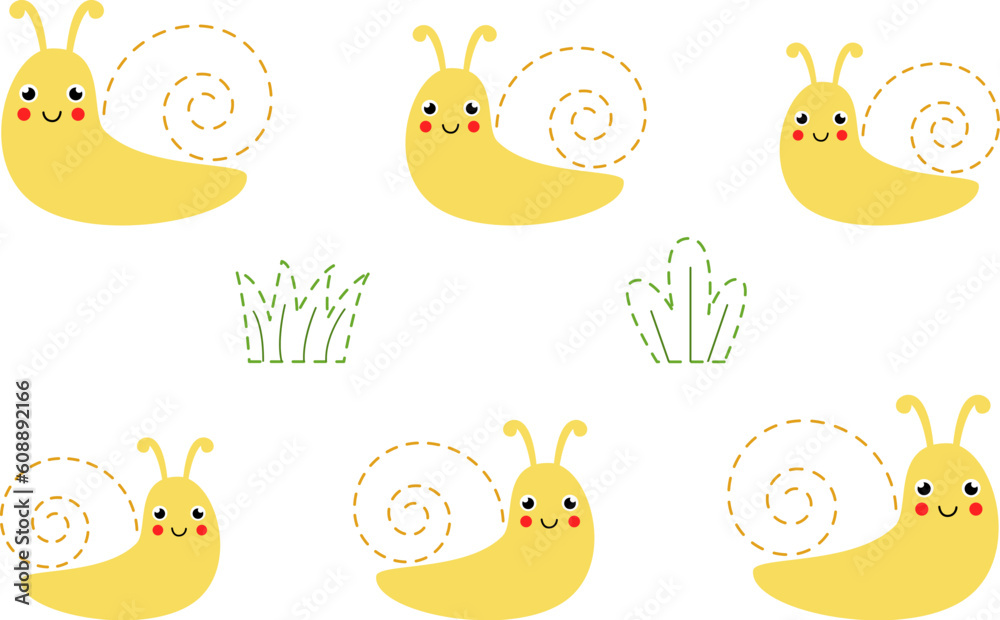 Naklejka premium Handwriting practice with cute snails. Tracing lines for preschoolers. Vector illustration.