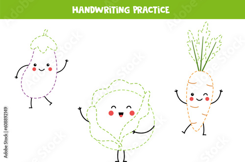 Handwriting practice with cute kawaii vegetables. Tracing lines for preschoolers. Vector illustration.