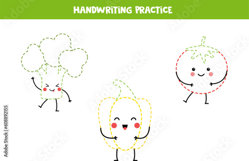 Handwriting practice with cute kawaii vegetables. Tracing lines for preschoolers. Vector illustration.