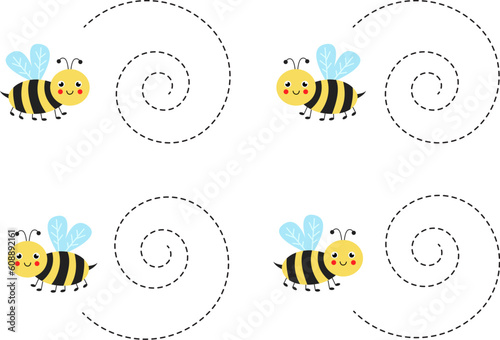Handwriting practice with cute bees. Tracing lines for preschoolers. Vector illustration.