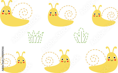 Handwriting practice with cute snails. Tracing lines for preschoolers. Vector illustration.