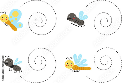 Handwriting practice with cute insects. Tracing lines for preschoolers. Vector illustration.