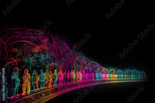 Colorful Side View Of Going People On Road Create With Mandala Neon Lights  Generative  Ai