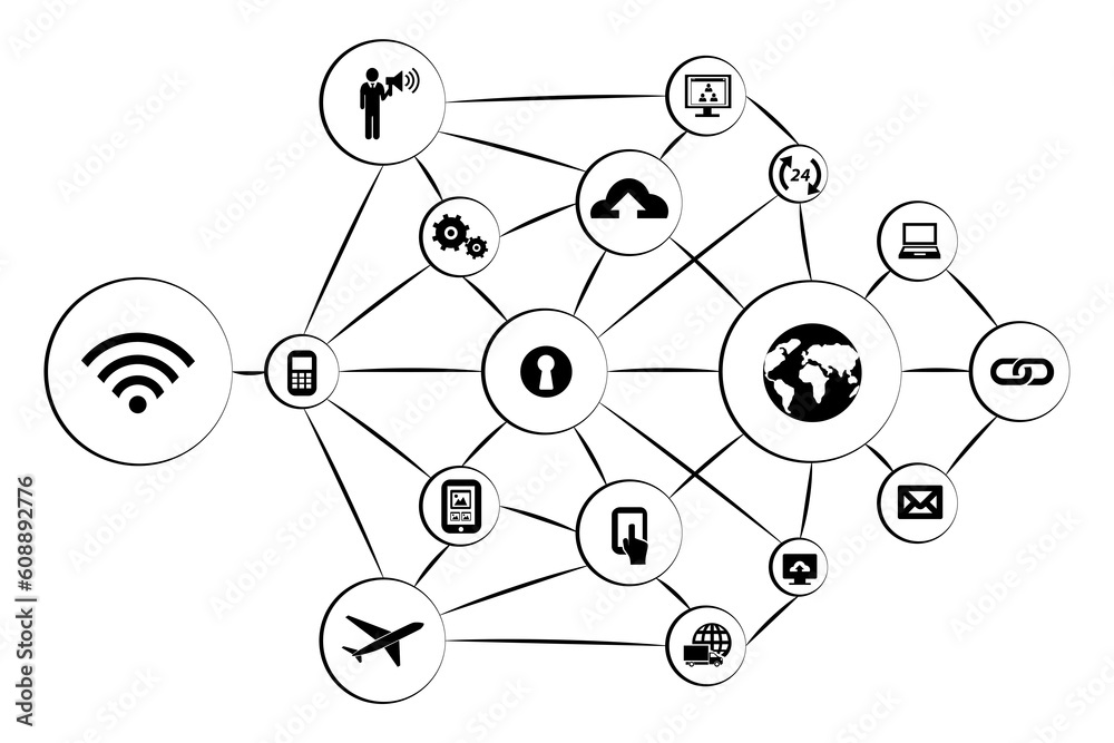 Digital png illustration of network of connections with black icons on transparent background Digital png illustration of network of connections with black icons on transparent background