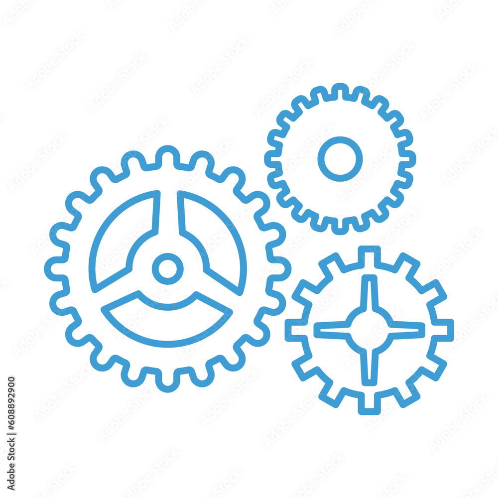 Digital png illustration of three blue cogs on transparent background