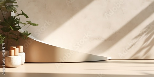 Photos Blank beige brown cement curve counter podium with texture, soft beautiful dappl