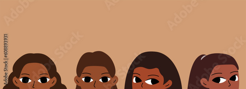 Banner with black women. Different girlish face. Cartoon design