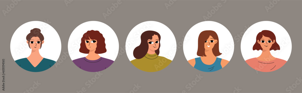 Collection of different people avatars. Round icons with smiling women Collection of different people avatars. Round icons with smiling women