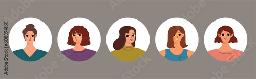 Collection of different people avatars. Round icons with smiling women