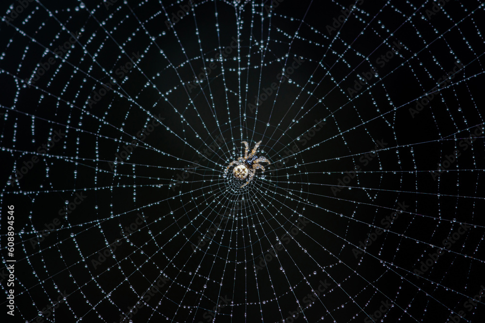 Water drops on spider web with rainy season and dark background, Selective focus.