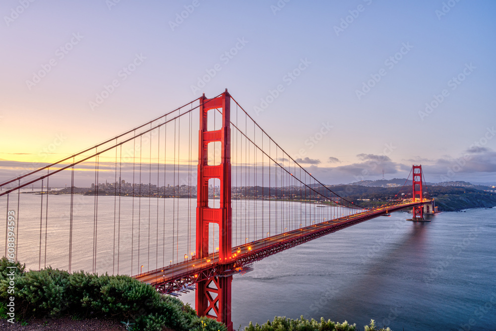 The famous Golden Gate Bridge in San Francisco at dawn