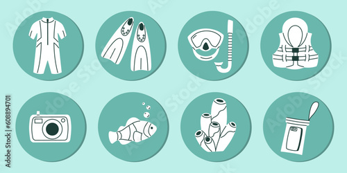 Summer sea snorkeling underwater equipment doodle icons or stickers set, modern flat vector illustration