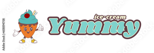 Abstract Ice cream character with face in groovy style. 70s, 80s, 90s vibes funky food sticker. Retro dessert vector illustration. Vintage nostalgia element for card, stickers, poster design