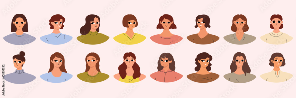 Set of female user portraits. Collection of varios women faces Set of female user portraits. Collection of varios women faces