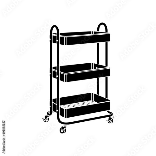 Kitchen cart or multifunction 3 tier rolling metal utility in black fill icon. Ideal for storing tools, utensils, supplies, food, beverages, toiletries. Vector illustration in trendy style.