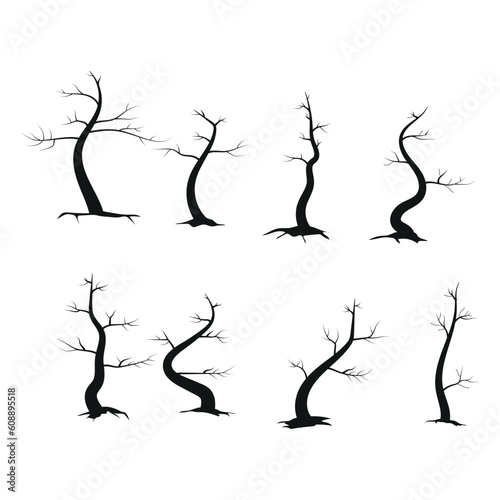 Big set Black Branch Tree atau vektor siluet pohon Naked. Ilustrasi gambar tangan yang terisolasi
