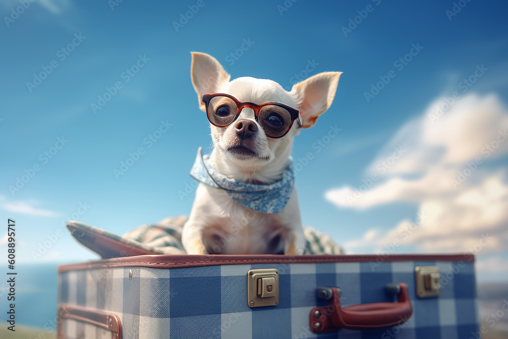 Cute dog wear a sunglasses is on baggage with clear blue sky background ready for travel ion holiday. Generative AI