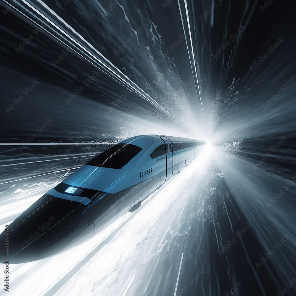 A Express speed modern train is running on track with accelerate and light warp for transportation with high technology in underground tunnel . Generative AI