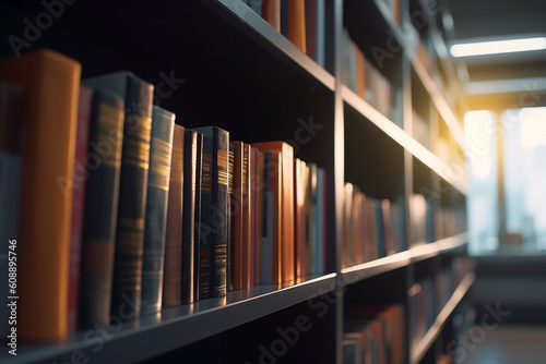 Many books on shelf in library room for reading and education, Generative AI