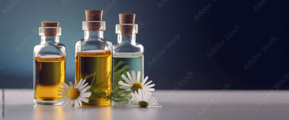 Three bottles of extract of chamomile argan oil for skin care and aroma spa , Generative AI Three bottles of extract of chamomile argan oil for skin care and aroma spa , Generative AI