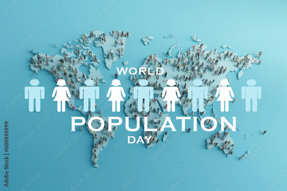 The World popilation day with world map and people background