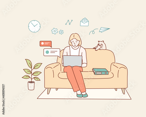 Working at home concept, Coworking space flat illustration. woman with laptop on the sofa. Freelance or studying concept.Hand drawn style vector design illustrations.