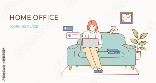 Working at home concept, Coworking space flat illustration. woman with laptop on the sofa. Freelance or studying concept.Hand drawn style vector design illustrations.