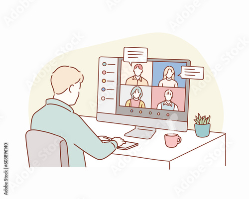 Stay and work from home. Video conference illustration. Workplace, laptop screen, group of people talking by internet. Hand drawn style vector design illustrations.
