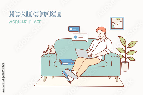 Working at home concept, Coworking space flat illustration. man with laptop on the sofa. Freelance or studying concept.Hand drawn style vector design illustrations.
