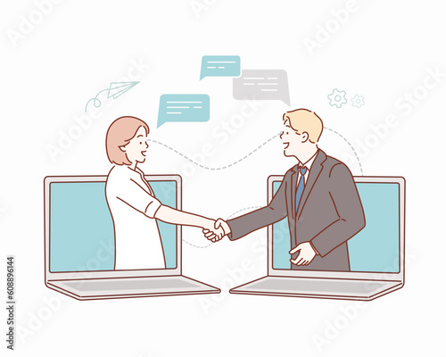 Two businessmen talk through laptop screens and shake hands. Online communication and business meeting.Hand drawn style vector design illustrations.