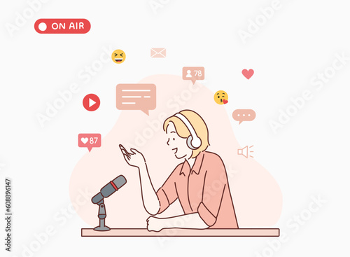 Podcast host recoding, streaming an series of online radio episode. Woman blogger in headset and microphone, making media record at home or studio. Hand drawn style vector design illustrations.