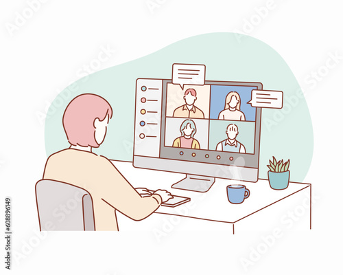 Stay and work from home. Video conference illustration. Workplace, laptop screen, group of people talking by internet. Hand drawn style vector design illustrations.
