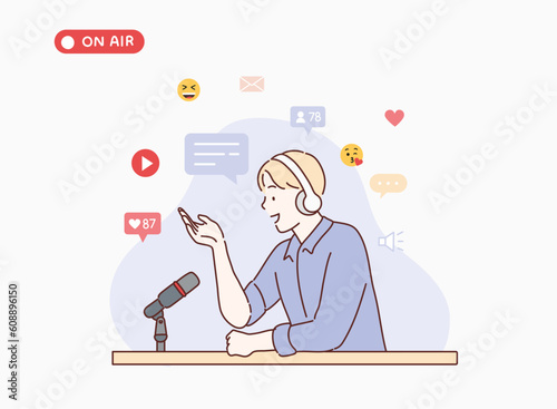 Podcast host recoding, streaming an series of online radio episode. Man blogger in headset and microphone, making media record at home or studio. Hand drawn style vector design illustrations.