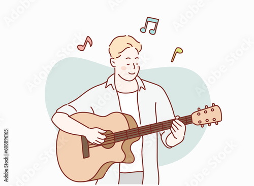 Music and creativity. man in t-shirt playing on acoustic guitar. Hand drawn style vector design illustrations.