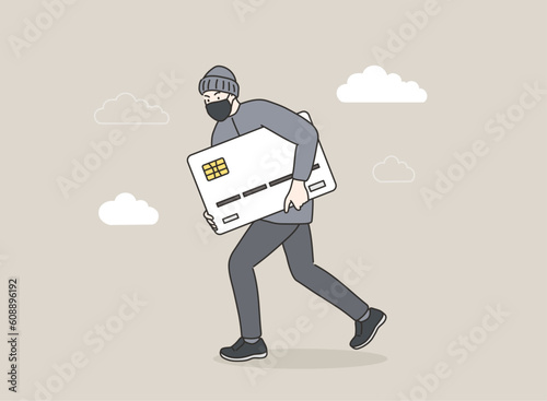 Thief in a black mask stole credit card and is running away. Hand drawn style vector design illustrations.