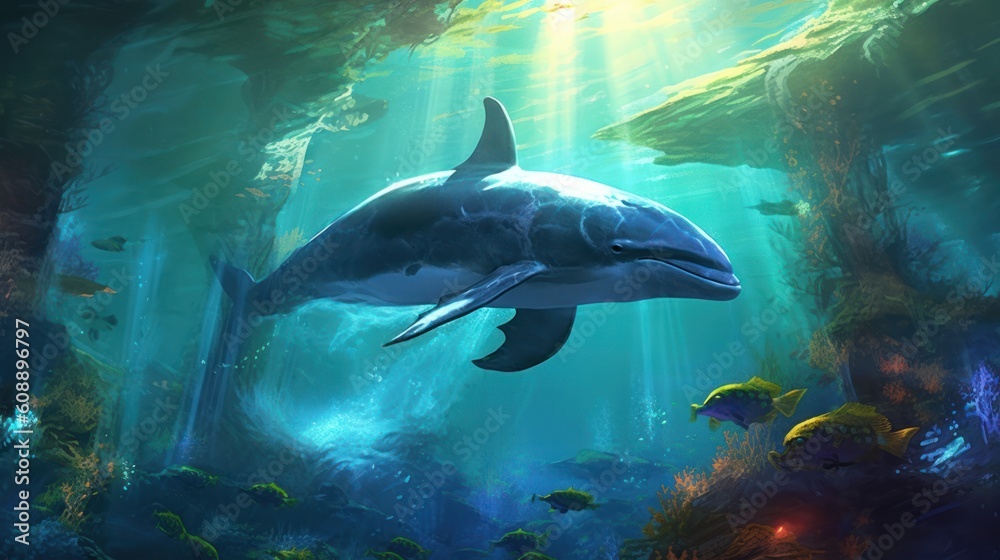 Obraz premium Dolphin in the deep blue ocean made with Generative AI