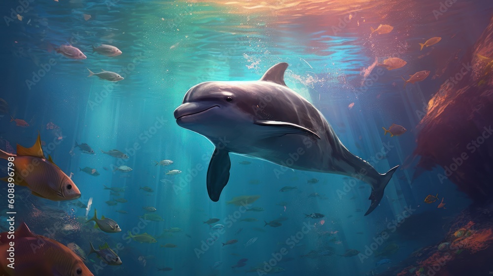 Obraz premium Dolphin in a beautiful colorful blue shallow ocean made with Generative AI