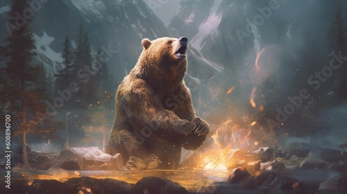 Strong Grizzly Bear getting heat in some fire made with Generative AI © Ascendance.dev