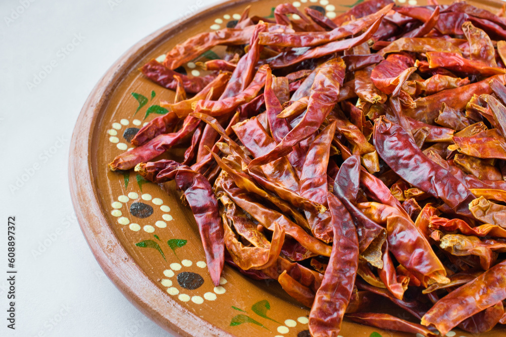 白背景のメキシコの唐辛子 チレ・デ・アルボル コピースペースあり Mexican chili pepper Chile de árbol (chile de arbol) on white background with copy space 白背景のメキシコの唐辛子 チレ・デ・アルボル コピースペースあり Mexican chili pepper Chile de árbol (chile de arbol) on white background with copy space