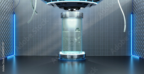 Cryogenic capsule hibernation Cryonics Capsules Glass tube with frozen liquid for hibernation sci fi teleport Science Technology Cryopod Cryopod Laboratory Equipment Laboratory Scene 3D Illustration