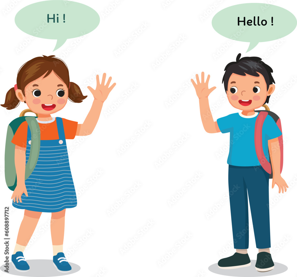 Cute school kids with backpack say hello greeting to each other Cute school kids with backpack say hello greeting to each other