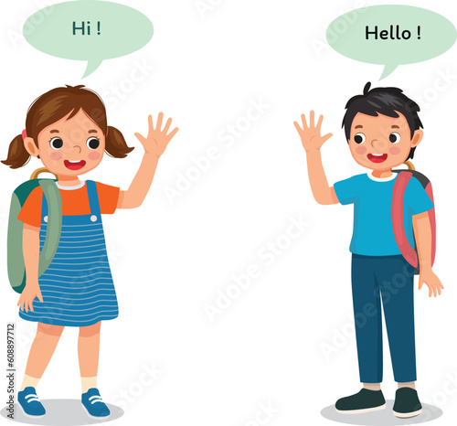 Cute school kids with backpack say hello greeting to each other
