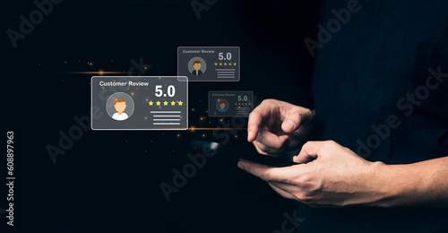 Customer service. Best rating experience satisfaction survey concept. man using smartphone Give a rating of satisfaction on after-sales service.