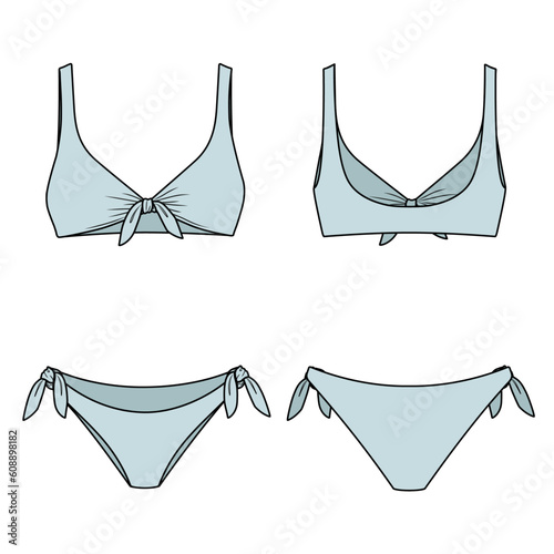 Tie Bikini technical fashion flat. Swimsuit vector illustration, front and back view, editable mockup template.	