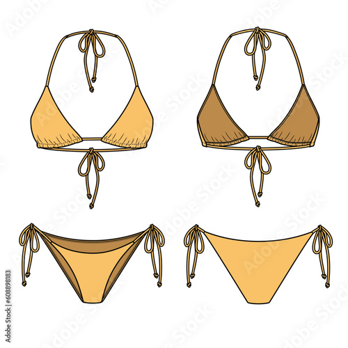 String Bikini technical fashion flat. Swimsuit vector illustration, front and back view, editable mockup template.	