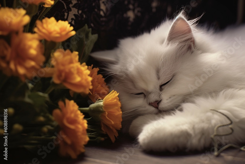 White cat asleep next to some flowers. Generated AI