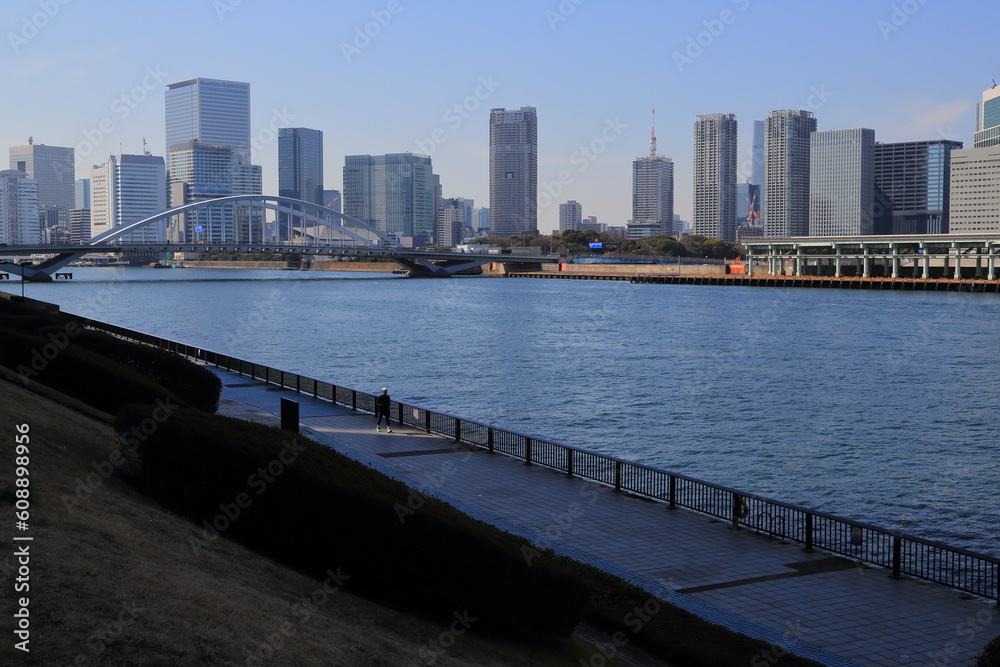 隅田川テラスと都心の高層ビル群