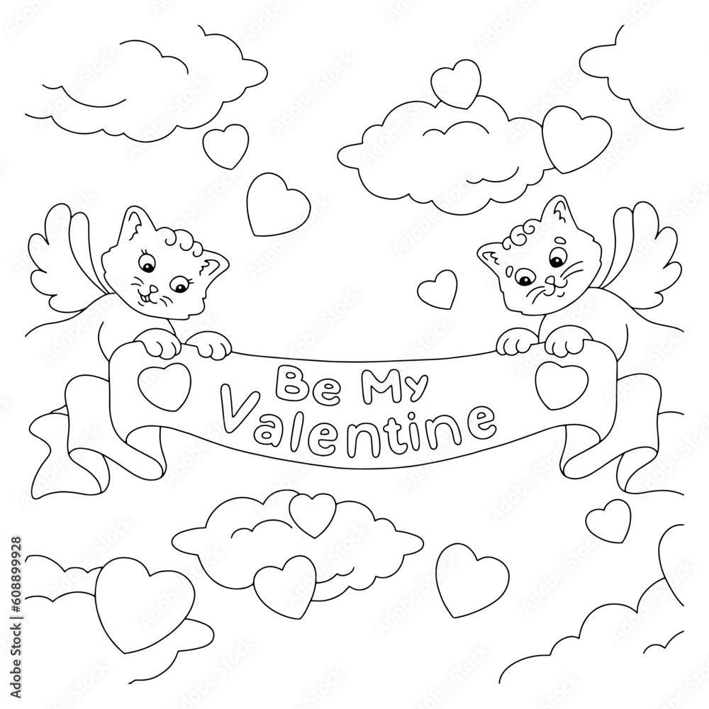 A couple of cats are holding a congratulations ribbon. Coloring book page for kids. Valentine's Day. Cartoon style character. Vector illustration isolated on white background. A couple of cats are holding a congratulations ribbon. Coloring book page for kids. Valentine's Day. Cartoon style character. Vector illustration isolated on white background.