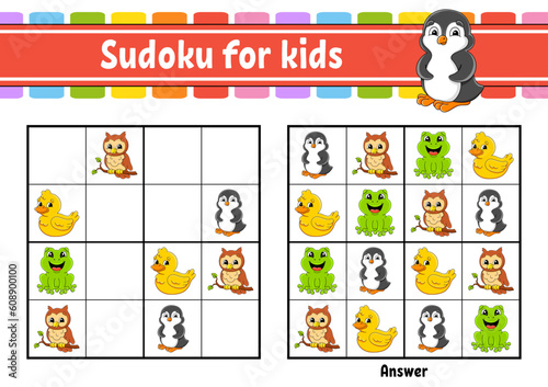 Sudoku for kids. Education developing worksheet. cartoon character. Color activity page. Puzzle game for children. Logical thinking training. Vector illustration.