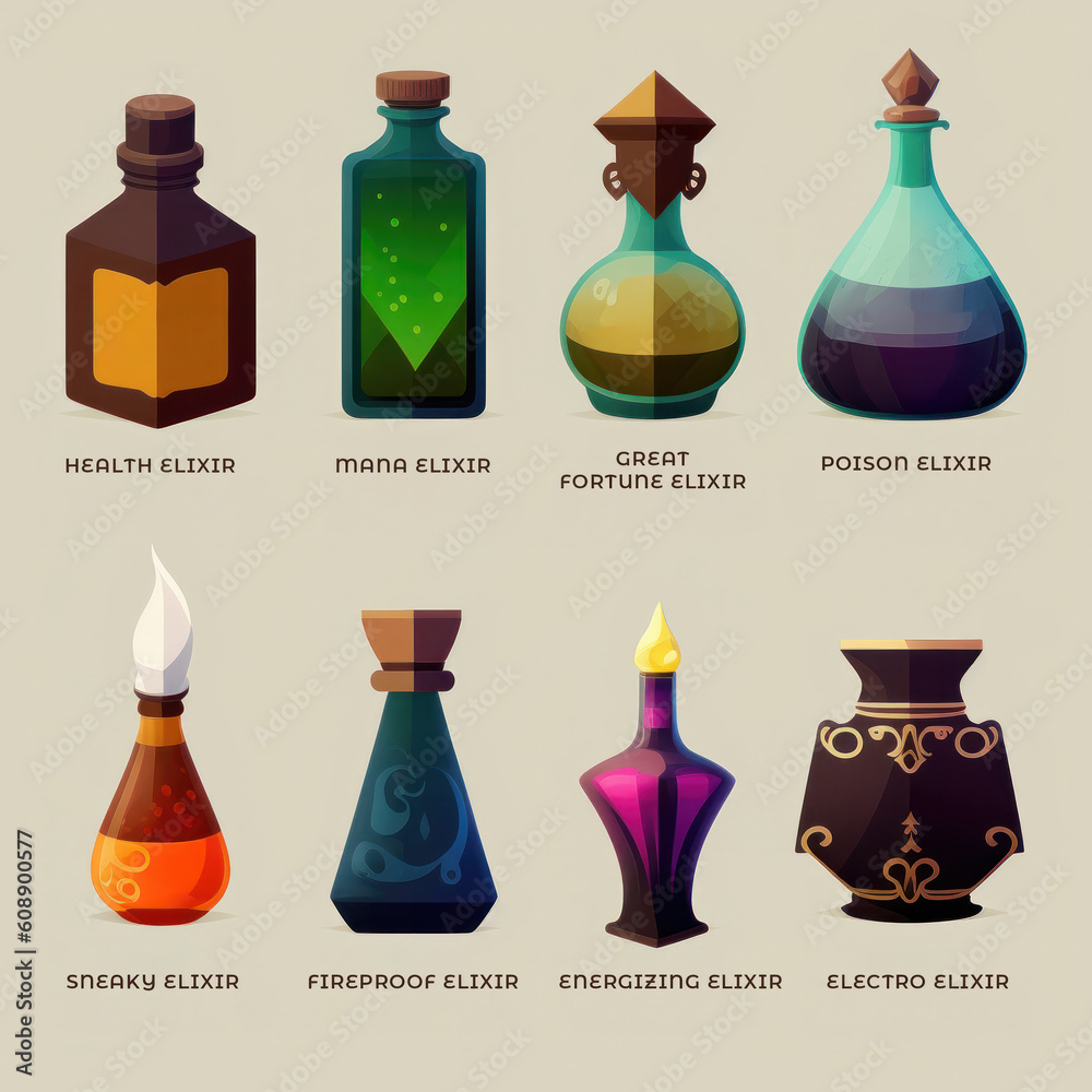 Set of bottles for fantasy game, cartoon style. Chemical jars. Generative AI Set of bottles for fantasy game, cartoon style. Chemical jars. Generative AI